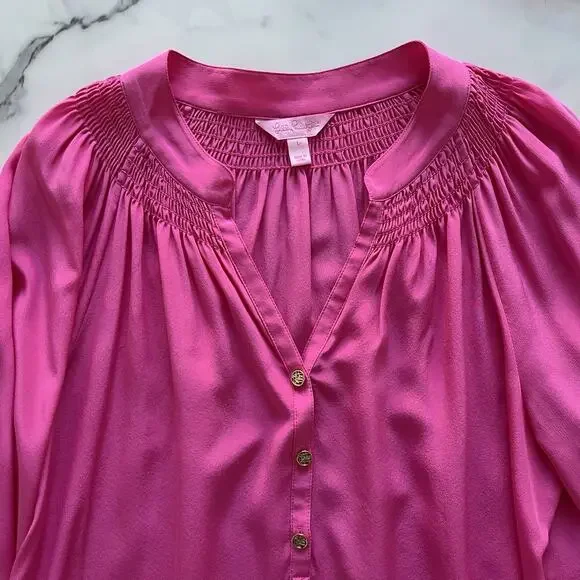 Lilly Pulitzer Elsa Silk Blouse In Roxie Pink Size Large Preppy Chic Summer Top - Picture 6 of 12